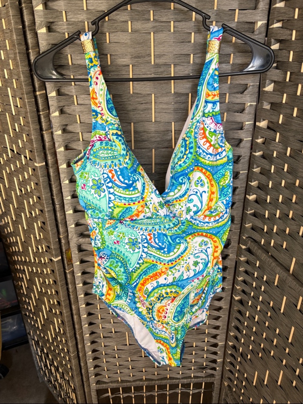 Ralph Lauren Bright Blue, Green & Yellow Paisley One-Piece Swimsuit size 14
